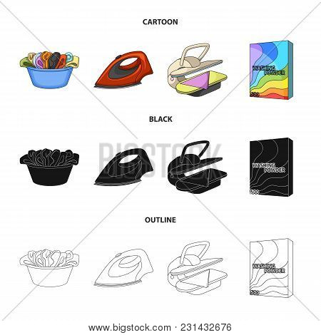 A Bowl With Laundry, Iron, Ironing Press, Washing Powder. Dry Cleaning Set Collection Icons In Carto