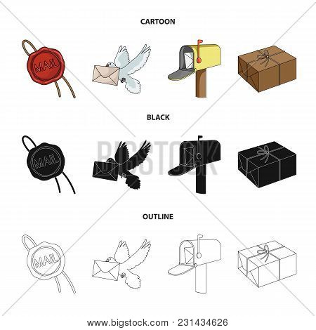 Wax Seal, Postal Pigeon With Envelope, Mail Box And Parcel.mail And Postman Set Collection Icons In 