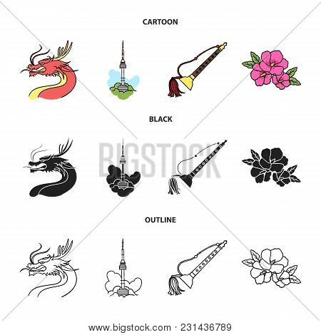 Dragon With Mustache, Seoul Tower, National Musical Instrument, Hibiscus Flower. South Korea Set Col