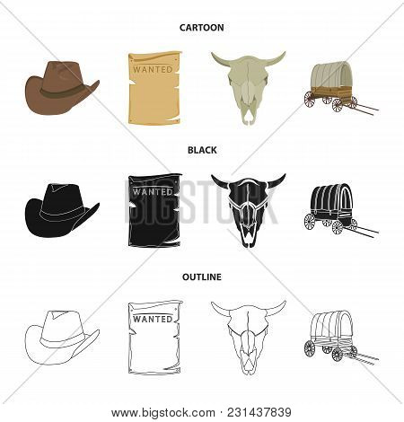 Cowboy Hat, Is Searched, Cart, Bull Skull. Wild West Set Collection Icons In Cartoon, Black, Outline
