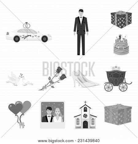 Wedding And Attributes Monochrome Icons In Set Collection For Design. Newlyweds And Accessories Vect