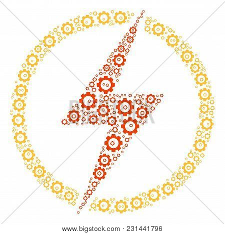 Electric Power Mosaic Of Gear Components. Vector Mechanical Wheel Components Are United Into Electri