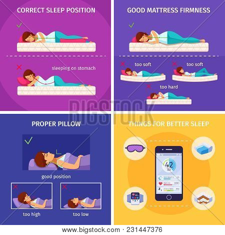 Correct Sleeping Cartoon 2x2 Composition Of Flat Human Characters And Smartphone Icons Of Things For