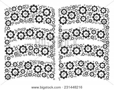 Open Book Collage Of Gear Wheels. Vector Tooth Gear Items Are Composed Into Open Book Composition.