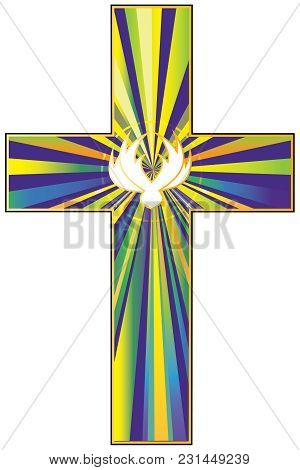 A Vector Illustration Of A Cross Filled With Colorful Rays And A Stylized Dove, Representing The Res