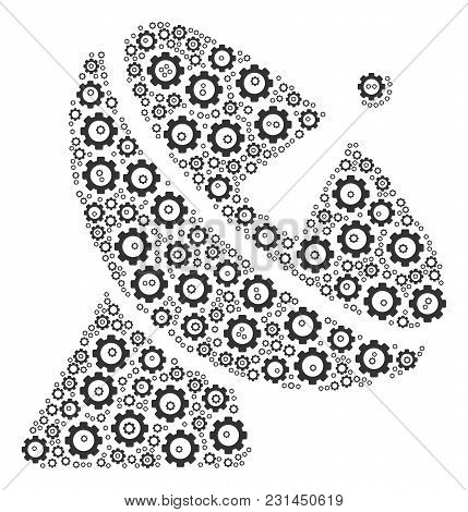 Radio Telescope Collage Of Mechanical Wheels. Vector Cog Parts Are Organized Into Radio Telescope Il