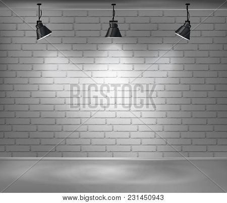 Empty Brick Wall. Blank Room Is Illuminated By Three Lamps. Background For Advertising Indoors. Stoc