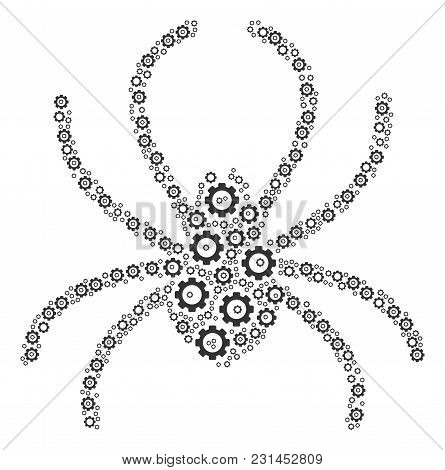 Spider Mosaic Of Mechanical Wheels. Vector Cog Wheel Objects Are Organized Into Spider Collage.