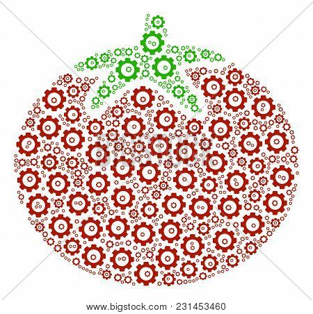 Tomato Vegetable Mosaic Of Gear Icons. Vector Cog Wheel Elements Are Grouped Into Tomato Vegetable P