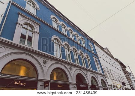 Copenhagen, Denmark - March 11th, 2018: Architecture And Details Of Stroget The Main Shopping Street