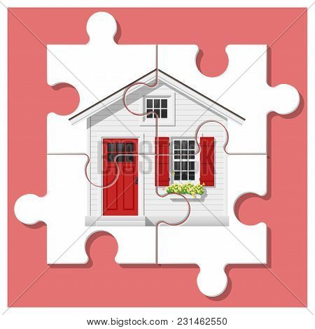 Dream House Concept With Completed Puzzle House On Colorful Background , Vector , Illustration