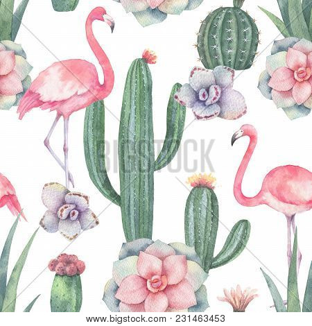 Watercolor Seamless Pattern Of Pink Flamingo, Cacti And Succulent Plants Isolated On White Backgroun