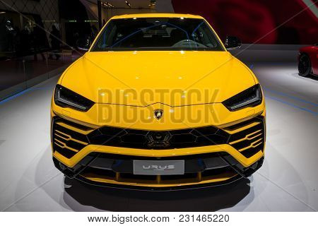 Geneva, Switzerland - March 7, 2018: New Lamborghini Urus Suv Car Presented At The 88th Geneva Inter