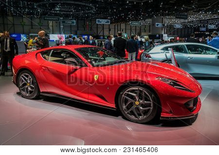 Geneva, Switzerland - March 7, 2018: Ferrari 812 Superfast Sports Car Shown At The 88th Geneva Inter