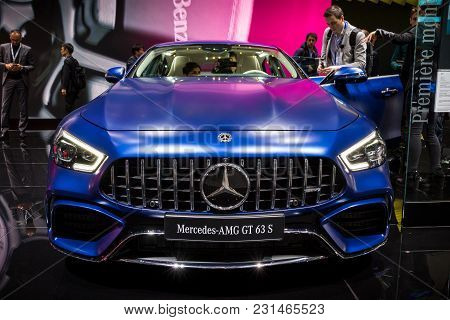 Geneva, Switzerland - March 7, 2018: New 2019 Mercedes Amg Gt 63s Coupe Car Presented At The 88th Ge