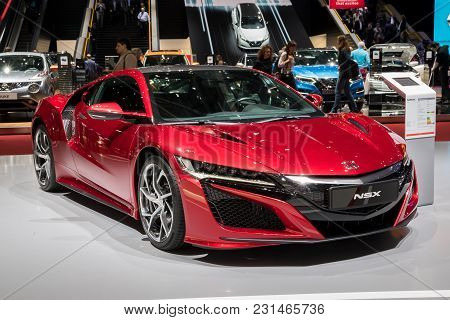 Geneva, Switzerland - March 7, 2018: Honda Nsx Hybrid Sports Car Presented At The 88th Geneva Intern