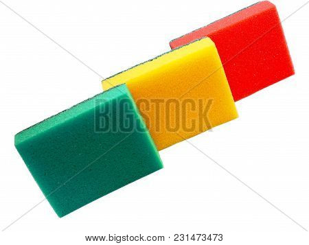Colored Sponges For Cleaning Isolated On White Background. Sponges For Housework.