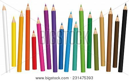 Crayons. Colored Pencil Set Loosely Arranged In Different Lengths - Isolated Vector Illustration On 