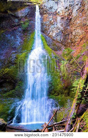 Marymere Falls Which Is A Large Waterfall Over A Bluff Taken In The Olympic National Park, Wa