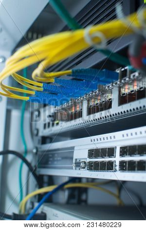 Fiber cables connected to switch in a datacenter.