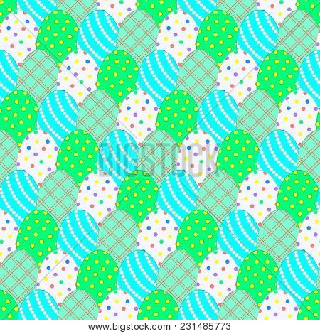 Seamless Pattern With Easter Eggs In Pastel Colors. Green And Blue Colors And Their Shades. Pattern 