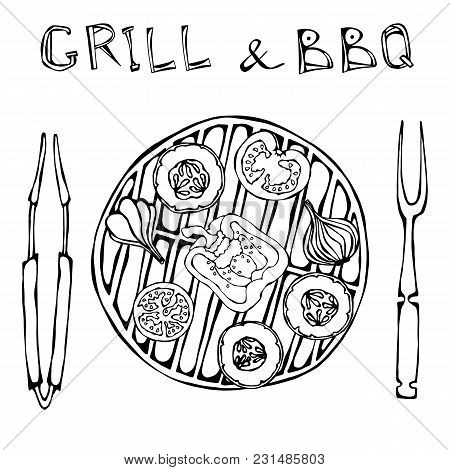 Vegetarian Grill. Vegetable Bbq. Picnic And Barbeque Appliances Tongs And Fork. Tomato, Bell Pepper,