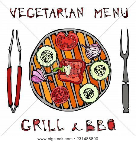 Vegetarian Grill. Vegetable Bbq. Picnic And Barbeque Appliances Tongs And Fork. Tomato, Bell Pepper,