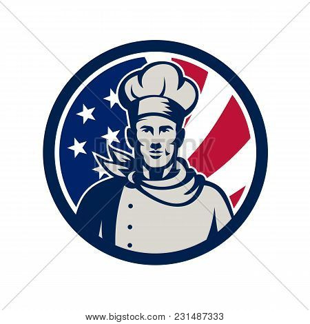 Icon Retro Style Illustration Of An American Baker, Chef Or Cook Fron View With United States Of Ame