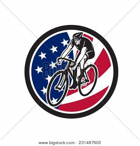Icon Retro Style Illustration Of An American Cyclist Cycling Riding On Road Bike With United States 
