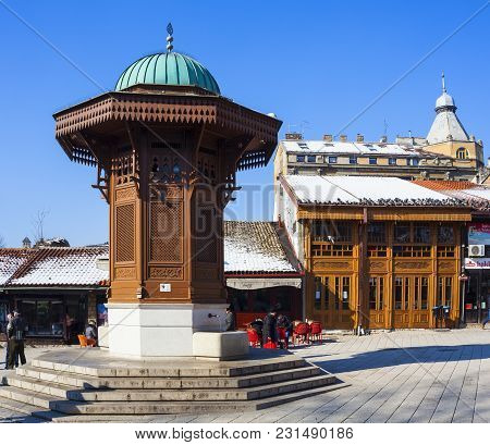 Sarajevo, Bosnia-erzegovina  - February, 16: The Sebilj Is A Pseudo-ottoman-style Wooden Fountain (s