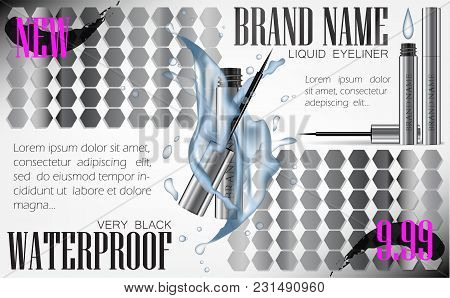 3d Realistic Eyeliner Pen Vector In Silver Case With Water Splash. Silver Pink Flyer. Elegant Liquid