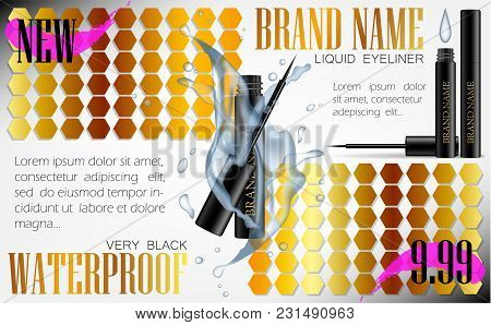 3d Realistic Eyeliner Pen Vector In Black Case With Water Splash. Gold Pink Flyer. Elegant Liquid Li