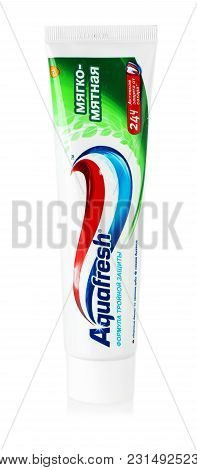 Chisinau, Moldova - March 16, 2018. Aquafresh  Toothpaste With Mint Acid Protection.aquafresh Is A B