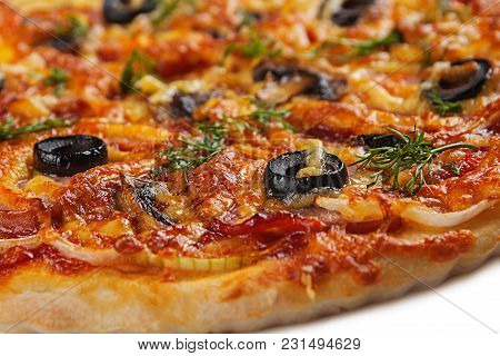 Itailan Cookery Homemade Pizza Closeup With Smoked Meat