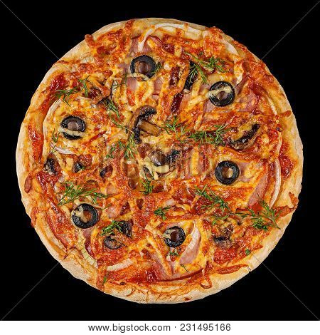 Itailan Cookery Pizza Closeup With Smoked Meat
