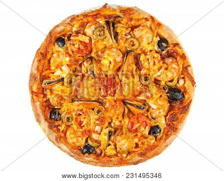 Itailan Cookery Pizza Closeup With Seafood Isolated On White
