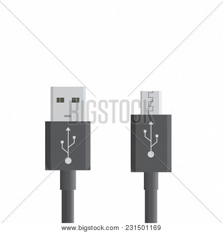 Black Micro Usb Cables On White Background. Connectors And Sockets For Pc And Mobile Devices. Comput