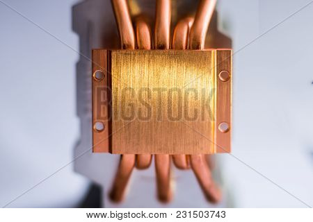Aluminum Radiator With Copper Heat Pipe Close-up With Beautiful Bokeh Concept Of Air Cooling Of The 