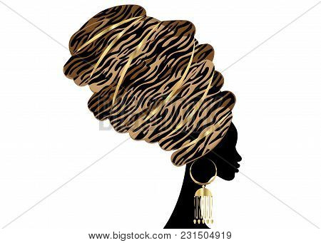 Portrait Beautiful African Woman In Traditional Turban, Kente Head Wrap, Dashiki Printing, Black Afr