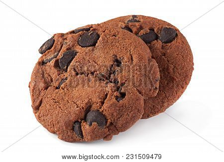Brown Cookies With Chocolate Isolated On White Background