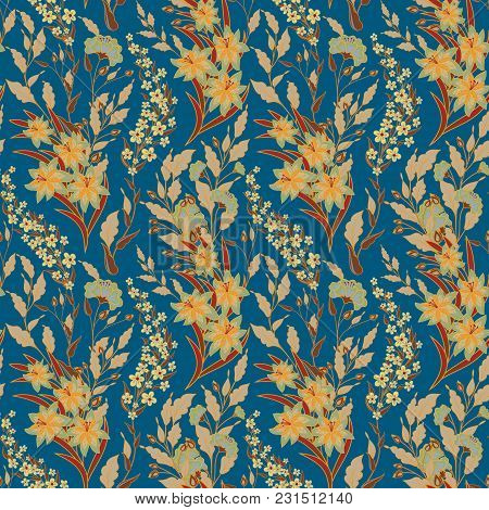 Vintage Seamless Floral Pattern On A Black Background. Spring Flowers And Herb. Botanical Vector Ill