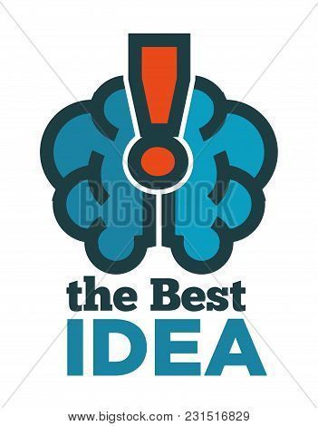 Best Idea Promotional Logotype With Human Brain And Exclamation Mark. Creative Thought Commercial Em