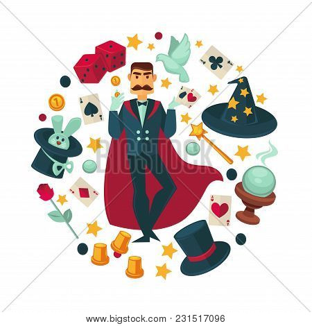 Magician In Red Cloak Surrounded With Equipment For Tricks. Rabbit In Hat, White Dove, Magic Wand, P