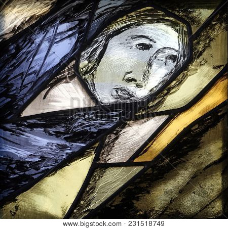 LEUTERSHAUSEN, GERMANY - JULY 05: History of salvation - detail, stained glass window by Sieger Koeder in church of Saint Bartholomew in Leutershausen, Germany on July 05, 2017.