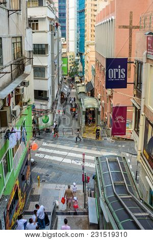 Hong Kong - November 26, 2017: Central Mid-levels Escalator In Hong Kong - The Longest Street Escala