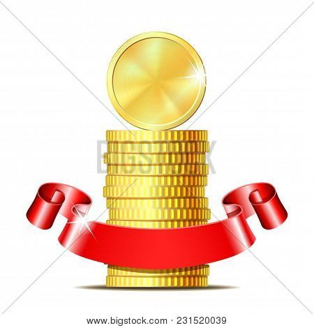 Stack Of Coins With Red Ribbon. Concept Of Pecuniary Profit, Finance Success Or Presents. Vector Ill