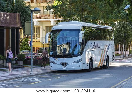 Spain, Blanes - September 20, 2017: Autocars Calella Passenger Coach Bus In The Parking Lot Near The