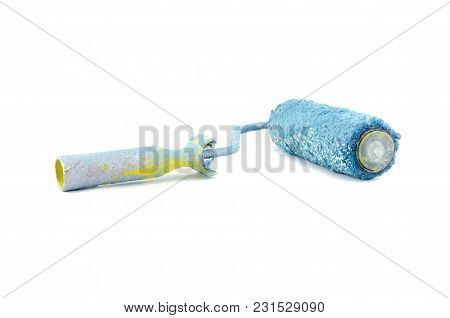 Blue And Dirty Roller Paint Brush Isolated On White Backgroun