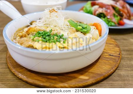 Katsudon Or Japanese Style Fried Pork Roast With Egg And Japanese Ingredient Mixed On Rice Ready To 