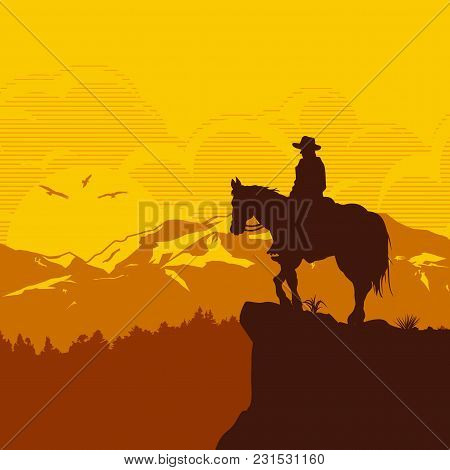 Silhouette Of Lonesome Cowboy Riding Horse At Sunset, Vector Illustration